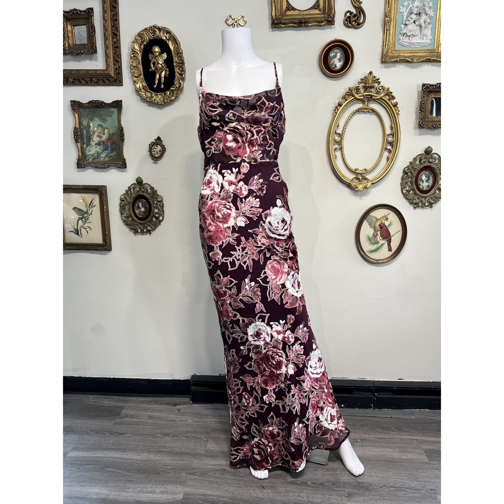 Lulus Burgundy Wine Floral Burnout Velvet Cowl Neck Maxi Slip Dress Size S